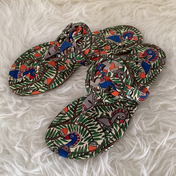 Tory Burch Women's Miller Printed Patent Leather Orange Something Wild Sandals - Picture 3 of 13